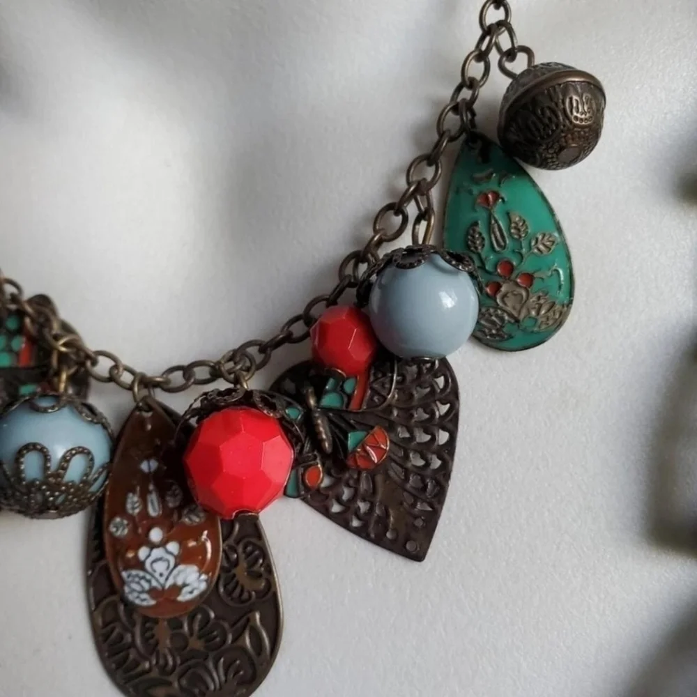Vintage Enamel Charm Statement Necklace Boho Brass 18